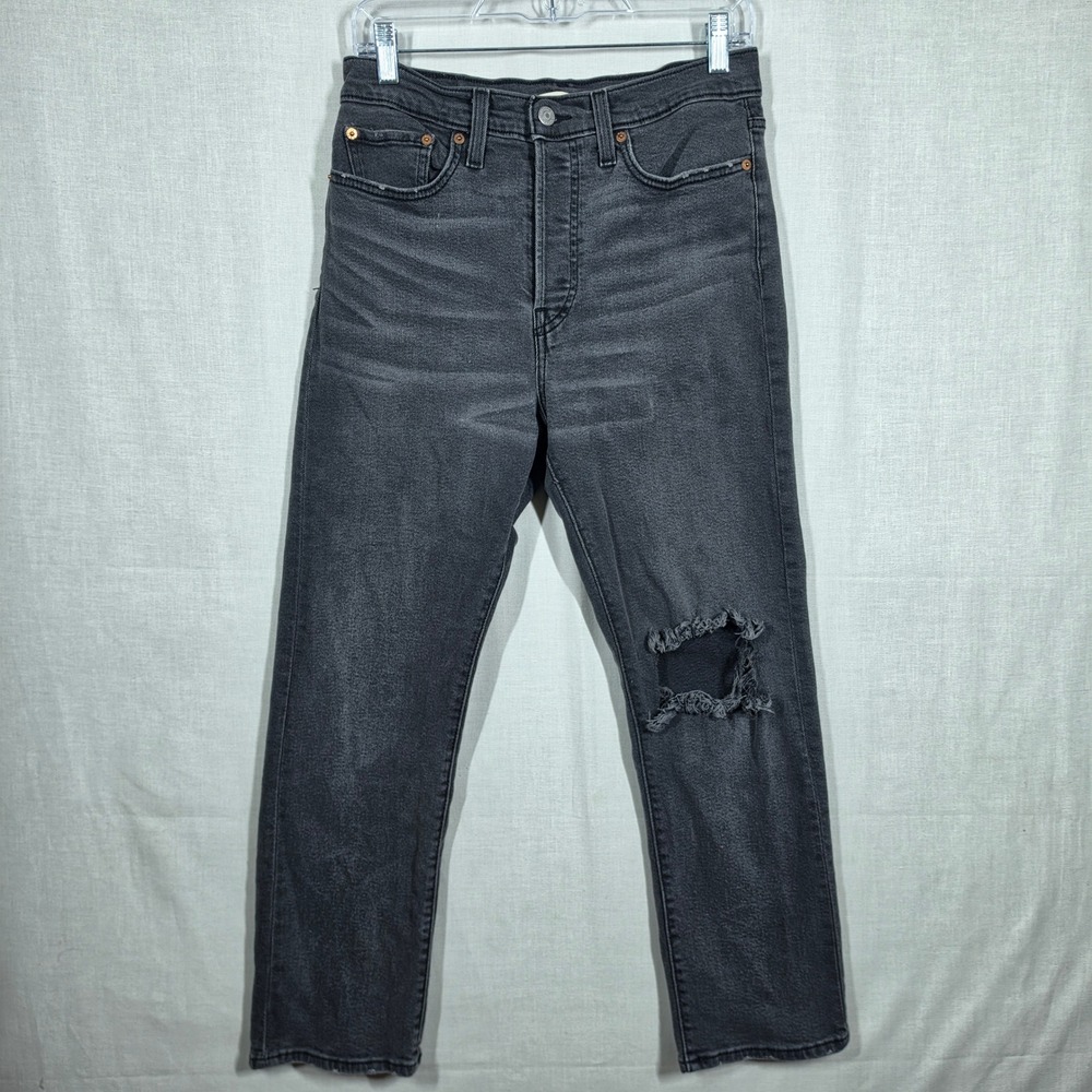 Levis Wedgie Straight Jeans Women 30 Distressed Black High Rise Button Fly